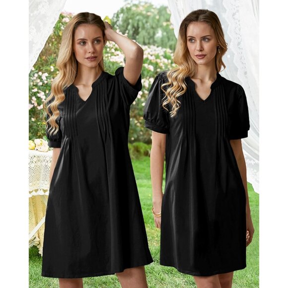 Women’s Summer Dress Polyester Blended Shift V Neck Puff Short Sleeve Casual - Picture 5 of 7